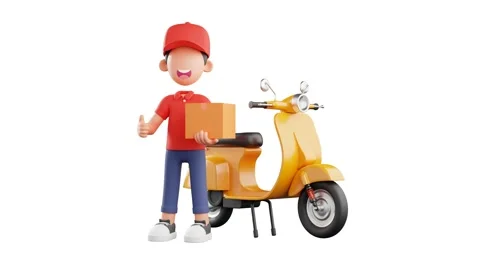 Courier character doing thumbs up pose with yellow motorcycle. 3d animation Stock Footage 222547227
