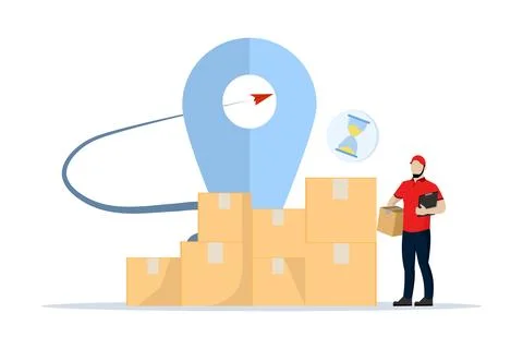 Courier checks package list. Box for sending letters. Warehouse worker. Illustrazione stock