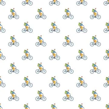 Courier delivering package by bicycle seamless pattern background Stock Illustration
