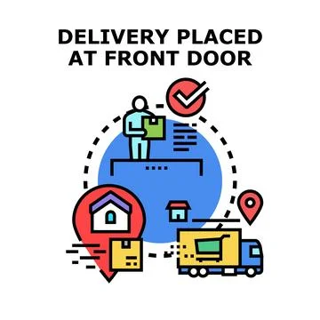 Courier delivering package to front door home address Stock Illustration