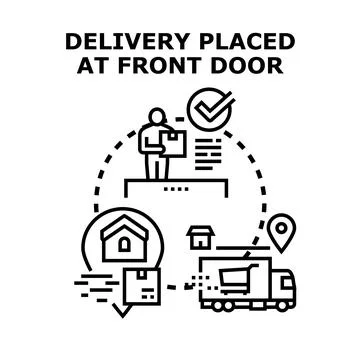 Courier delivering package to front door home address Stock Illustration