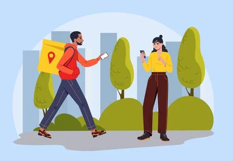 Courier delivers order. Man with backpack walks towards woman with phone. Buyer Stock Illustration