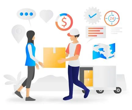 A courier delivers the package to the location Stock Illustration