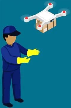 Courier delivers parcel using flying drone. Future technologies, quadrocopter 스톡 일러스트