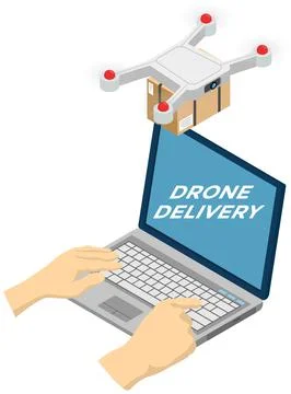 Courier delivers parcel using flying drone. Future technologies, quadrocopter 스톡 일러스트