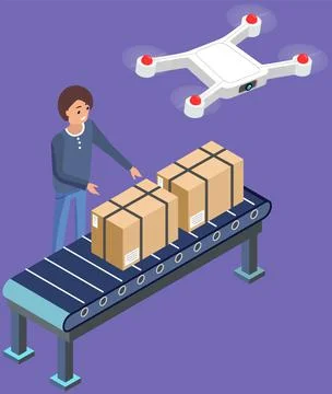 Courier delivers parcel using flying drone. Future technologies, quadrocopter Stockillustratie