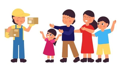 Courier. Delivery guy, worker and happy family. Deliveryman with parcels イラスト素材