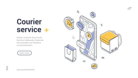 Courier delivery service isometric vector illustration. Mobile app for online イラスト素材
