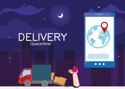 Courier delivery service with smart phone, tracking of packages Illustrazione stock