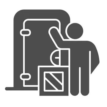 Courier at door with box solid icon, delivery service symbol, contactless Stockillustratie