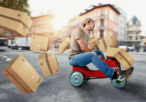 Courier drive fast with a toy car. Concept of fast and express delivery. Cyan Stock Photos