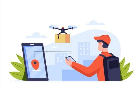 Courier by drone. Parcel send to location pins on mobile phone by delivery man Stock Illustration