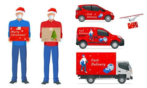 Courier in a face mask with a box in his hands. Delivery of goods during the Stock Illustration