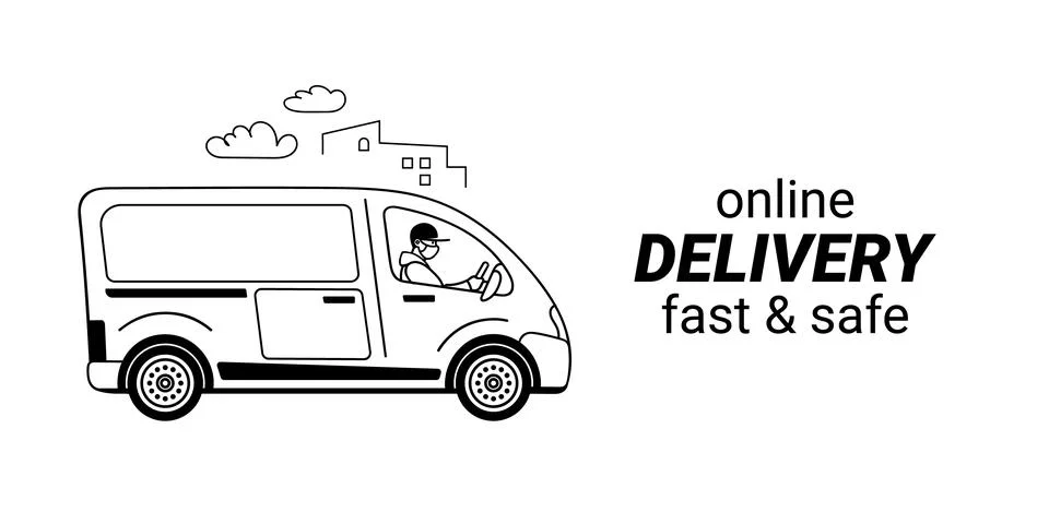 Courier in face mask driving delivery truck on background of urban landscape イラスト素材