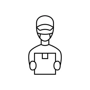 Courier in face mask linear icon. Safety delivery Stock Illustration