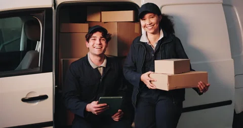 Courier, face or team with boxes at delivery van for distribution, efficiency or Stock Footage 341575643