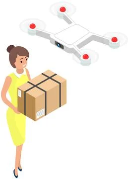 Courier flying quadcopter delivers parcel to customer. Future technologies Stockillustratie