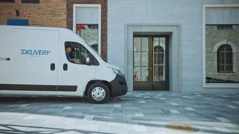 Courier Gets out of Delivery Van, Takes Postal Package Man Gives it to Customer Stock Footage 116091047