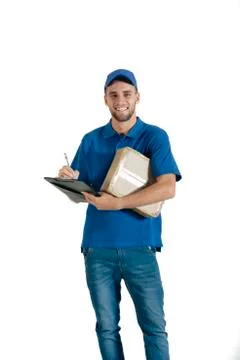 Courier guy holding a package for delivery. Foto stock