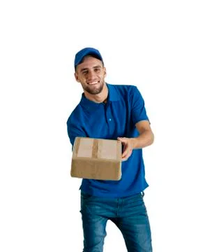 Courier guy holding a package for delivery. Stock Photos
