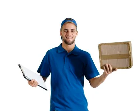 Courier guy holding a package for delivery. Stock Photos