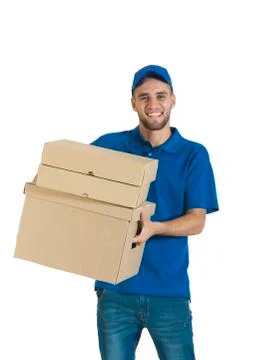 Courier guy holding a package for delivery. Stock Photos