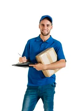 Courier guy holding a package for delivery. Stock-Fotos