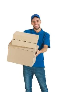 Courier guy holding a package for delivery. Stock Photos