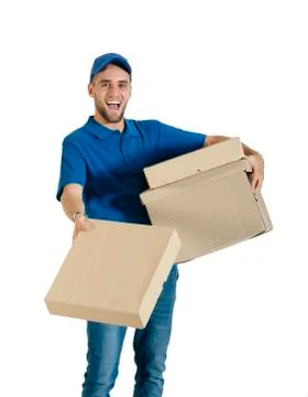 Courier guy holding a package for delivery. Foto stock