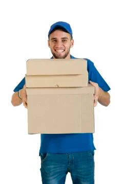Courier guy holding a package for delivery. Stock Photos
