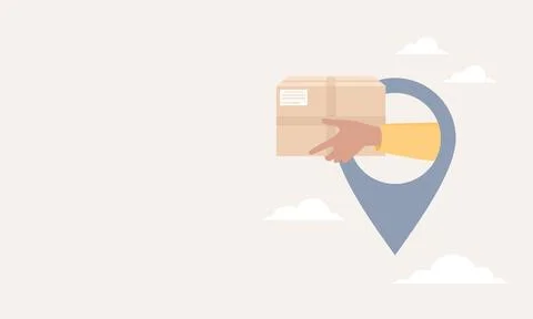 Courier hands with delivery box inside location pin icon, copy space Stock Illustration