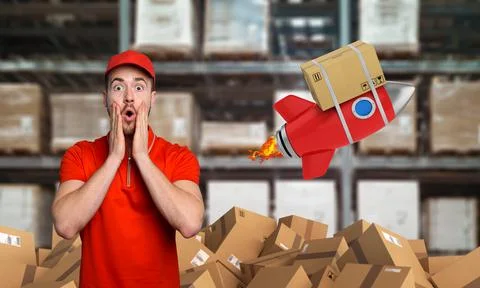 Courier has a wondered expression about a great promotion. Concept of fast Stock Photos