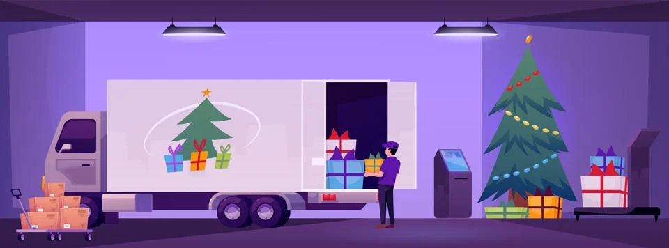 Courier loading festive box packages in delivery truck, vector postal service in 스톡 일러스트