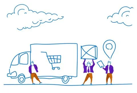 Courier man loading cargo minivan parcel packages box destination geo tag e Stock Illustration