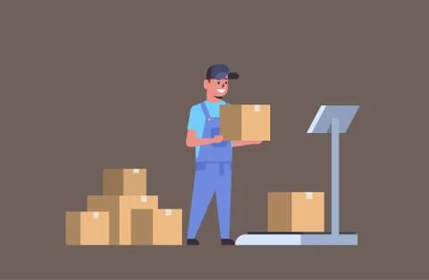 Courier man in uniform putting parcel box on scales mail express delivery Stock Illustration