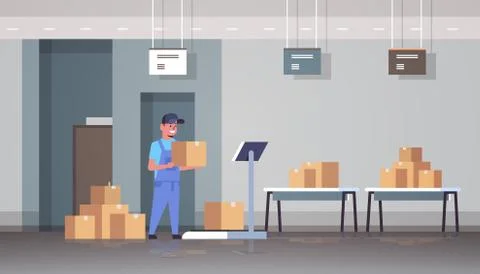 Courier man in uniform putting parcel box on scales mail express delivery Stock Illustration