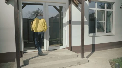 Courier Man Wearing Face Mask And Rubber Gloves Delivery Service Video stock 141766593