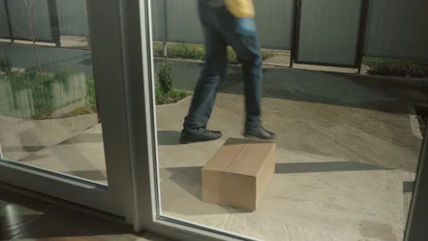 Courier Man Wearing Face Mask And Rubber Gloves Delivery Service 스톡 동영상 141774637