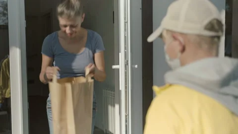 Courier Man Wearing Face Mask And Rubber Gloves Delivery Service Stock Footage 141776702