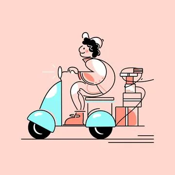 Courier on a moped delivers a package. Flat vector color cartoon Stock Illustration