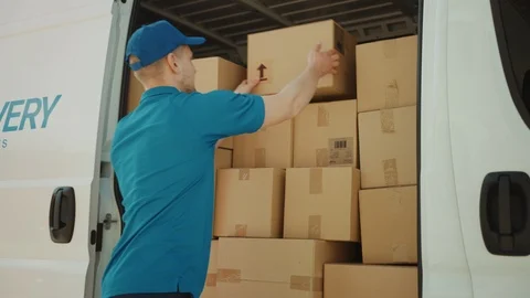Courier Opens Delivery Van Side Door Takes out Cardboard Box Package Closes Door Stock Footage 116091085
