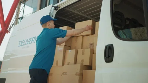 Courier Opens Delivery Van Side Door Takes out Cardboard Box Package Closes Door Stock Footage 116091157