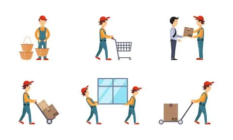 Courier or delivery men set, workers delivering orders, boxes, parcels, express Stock Illustration