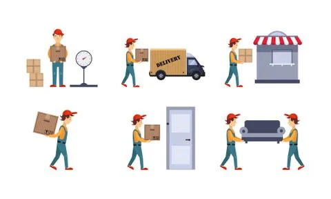 Courier or delivery men set, workers delivering boxes, parcels, express delivery Stock Illustration