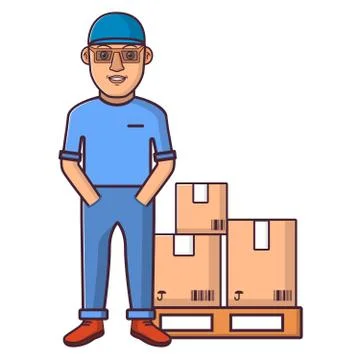 Courier in overalls with goods packed into boxes.Young man in clothes. 스톡 일러스트