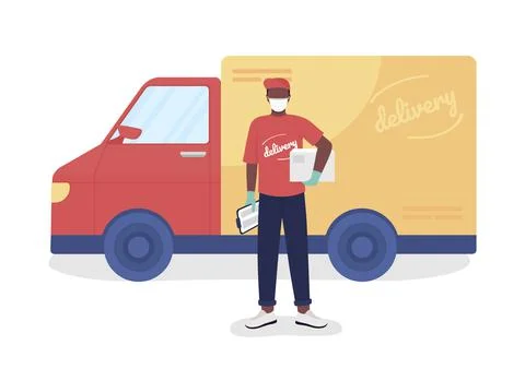 Courier with parcel and van semi flat color vector character Stock Illustration