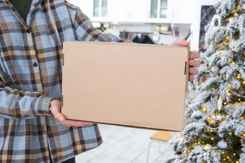 A courier with a parcel box in the kitchen with white Christmas decorations.. Stockfoto's