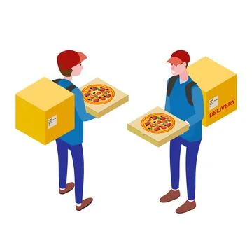 Courier with pizza box, front view, back view. Pizza Delivery Service Isometric Stock Illustration