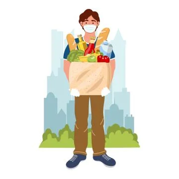 Courier with the product package on the city background. Male courier charact Stock Illustration
