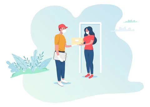 Courier in protective mask and gloves deliver goods to people in quarantine Illustrazione stock
